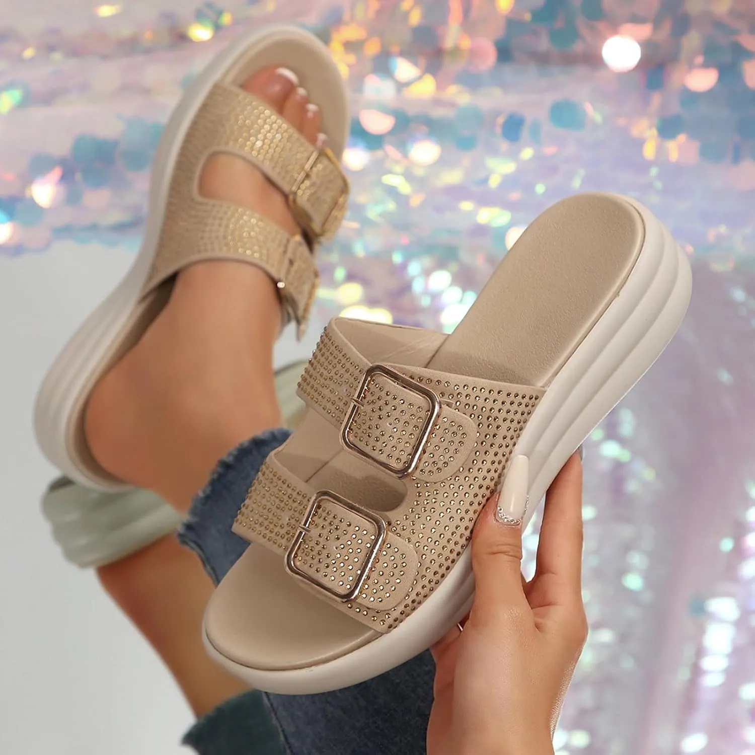 Sandals for Women 2025 Wide Width Double Straps Slippers Soft Cushion Comfortable Walking Slip on Women Summer Shoes
