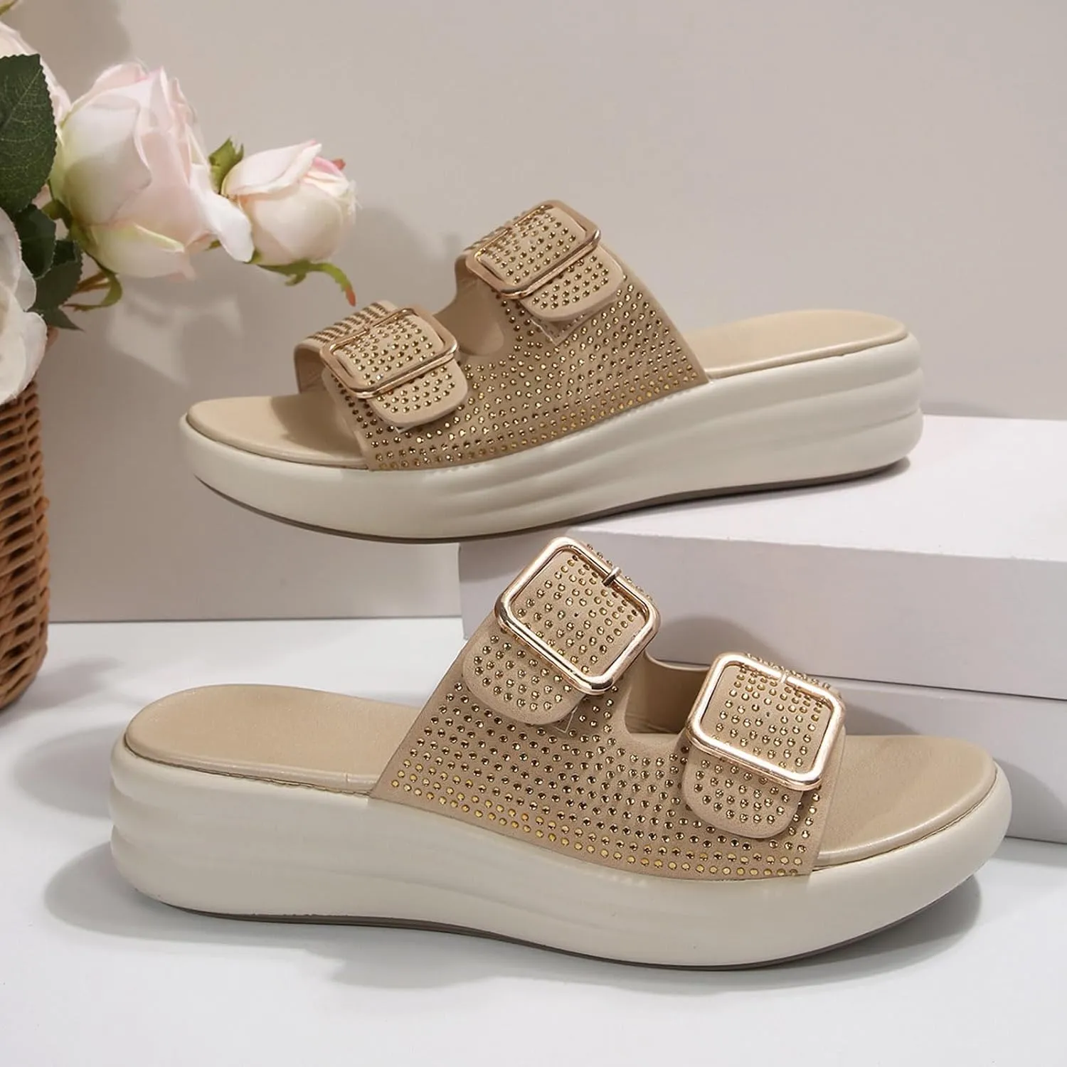 Sandals for Women 2025 Wide Width Double Straps Slippers Soft Cushion Comfortable Walking Slip on Women Summer Shoes