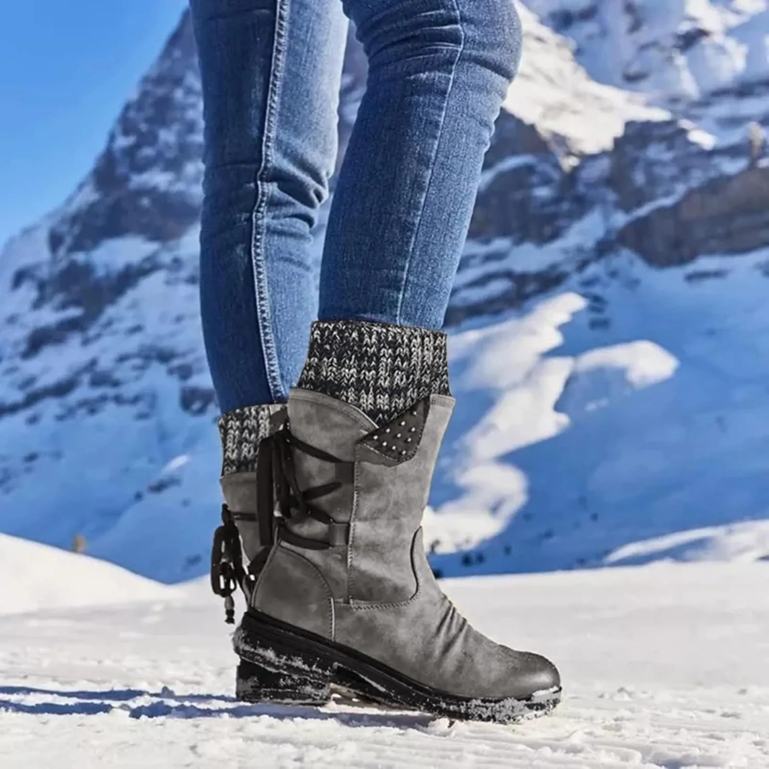 Snow Boots for Women Mid Calf Boots for Women Winter Retro Thick Square Boots Side Zipper Round Toe Comfortable Boots