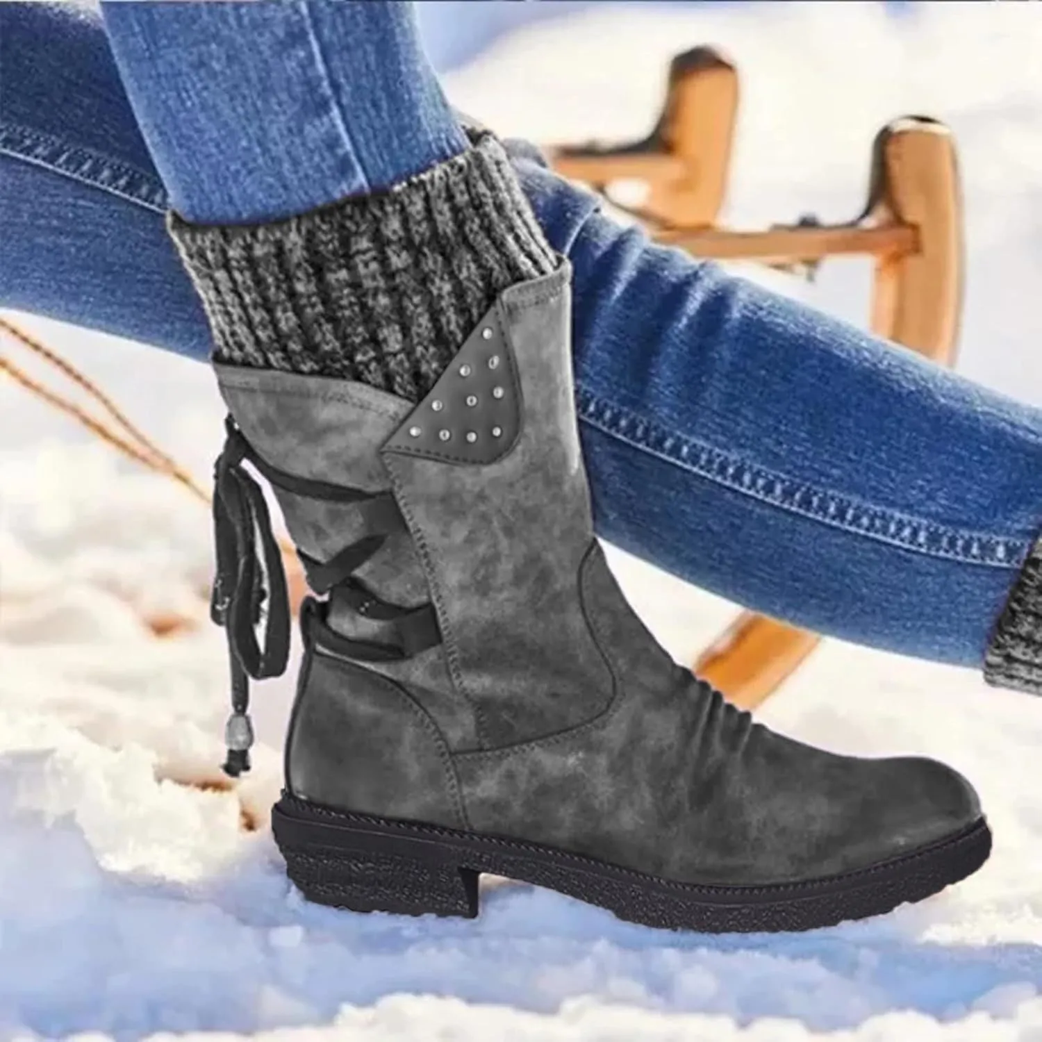 Snow Boots for Women Mid Calf Boots for Women Winter Retro Thick Square Boots Side Zipper Round Toe Comfortable Boots