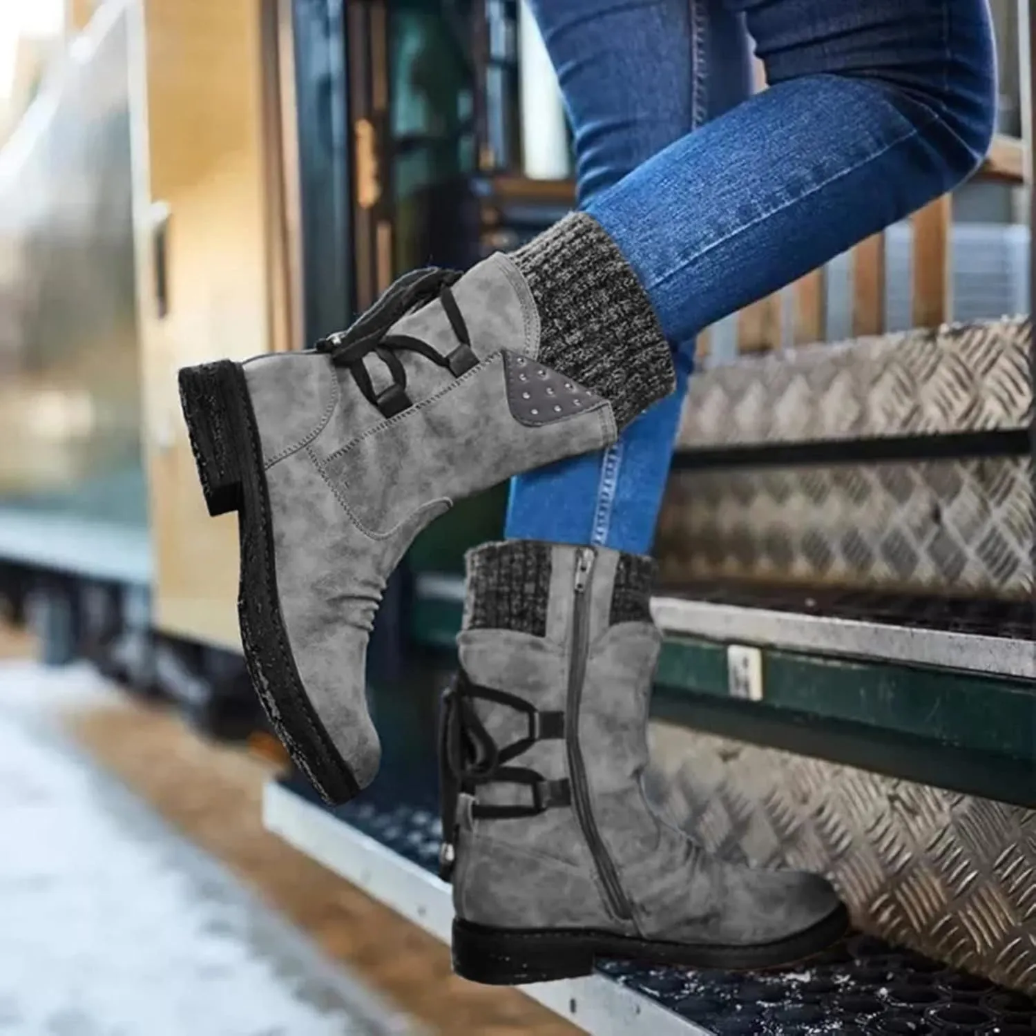 Snow Boots for Women Mid Calf Boots for Women Winter Retro Thick Square Boots Side Zipper Round Toe Comfortable Boots
