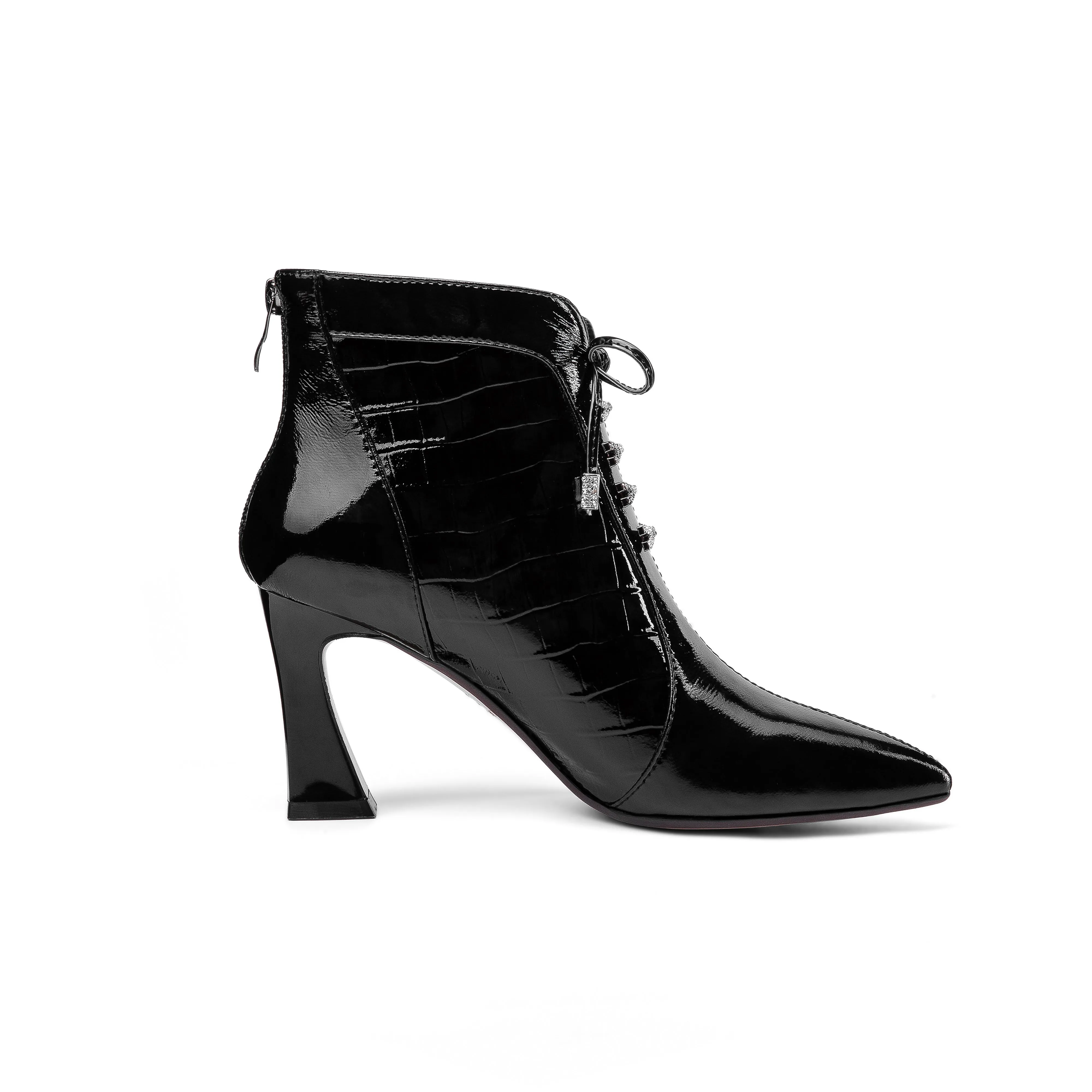 TinaCus Women's Handmade Patent Leather Pointed Toe Sexy High Spool Heel Zip Up Plus-Size Ankle Booties with Bowtie