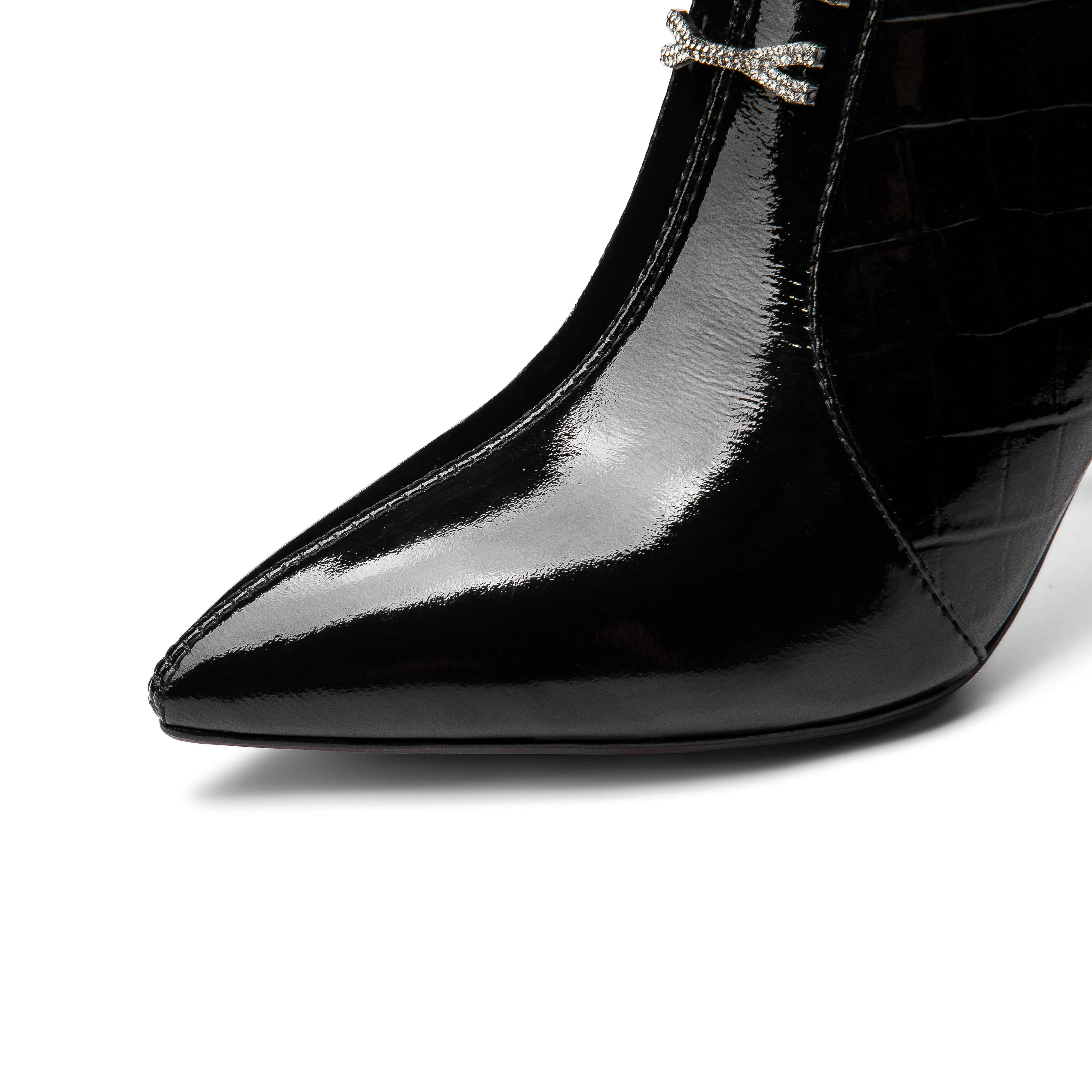 TinaCus Women's Handmade Patent Leather Pointed Toe Sexy High Spool Heel Zip Up Plus-Size Ankle Booties with Bowtie