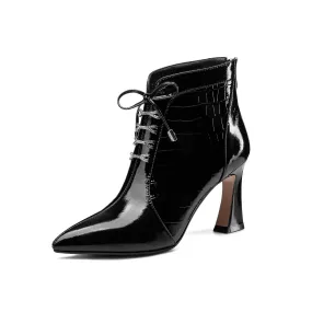 TinaCus Women's Handmade Patent Leather Pointed Toe Sexy High Spool Heel Zip Up Plus-Size Ankle Booties with Bowtie