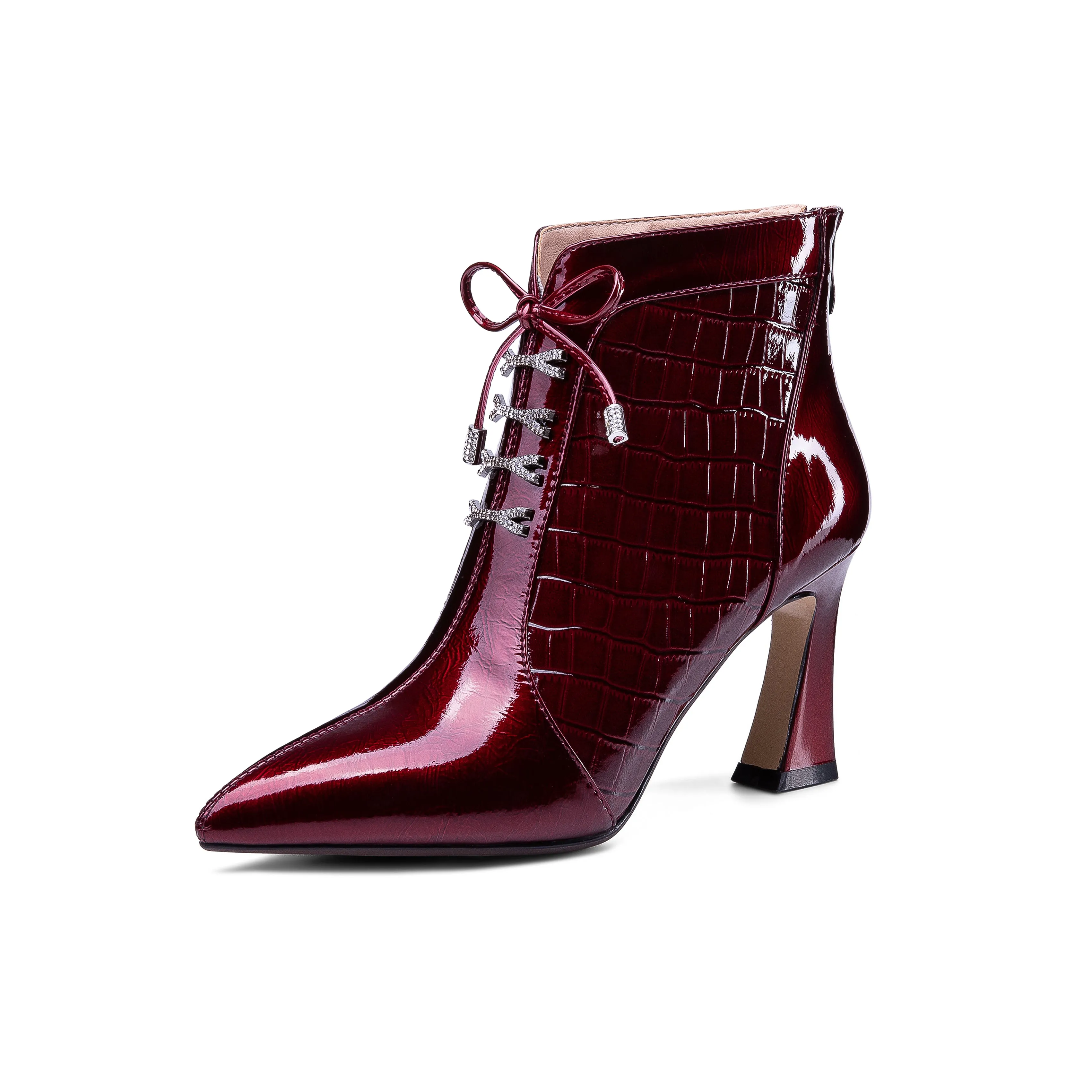 TinaCus Women's Handmade Patent Leather Pointed Toe Sexy High Spool Heel Zip Up Plus-Size Ankle Booties with Bowtie