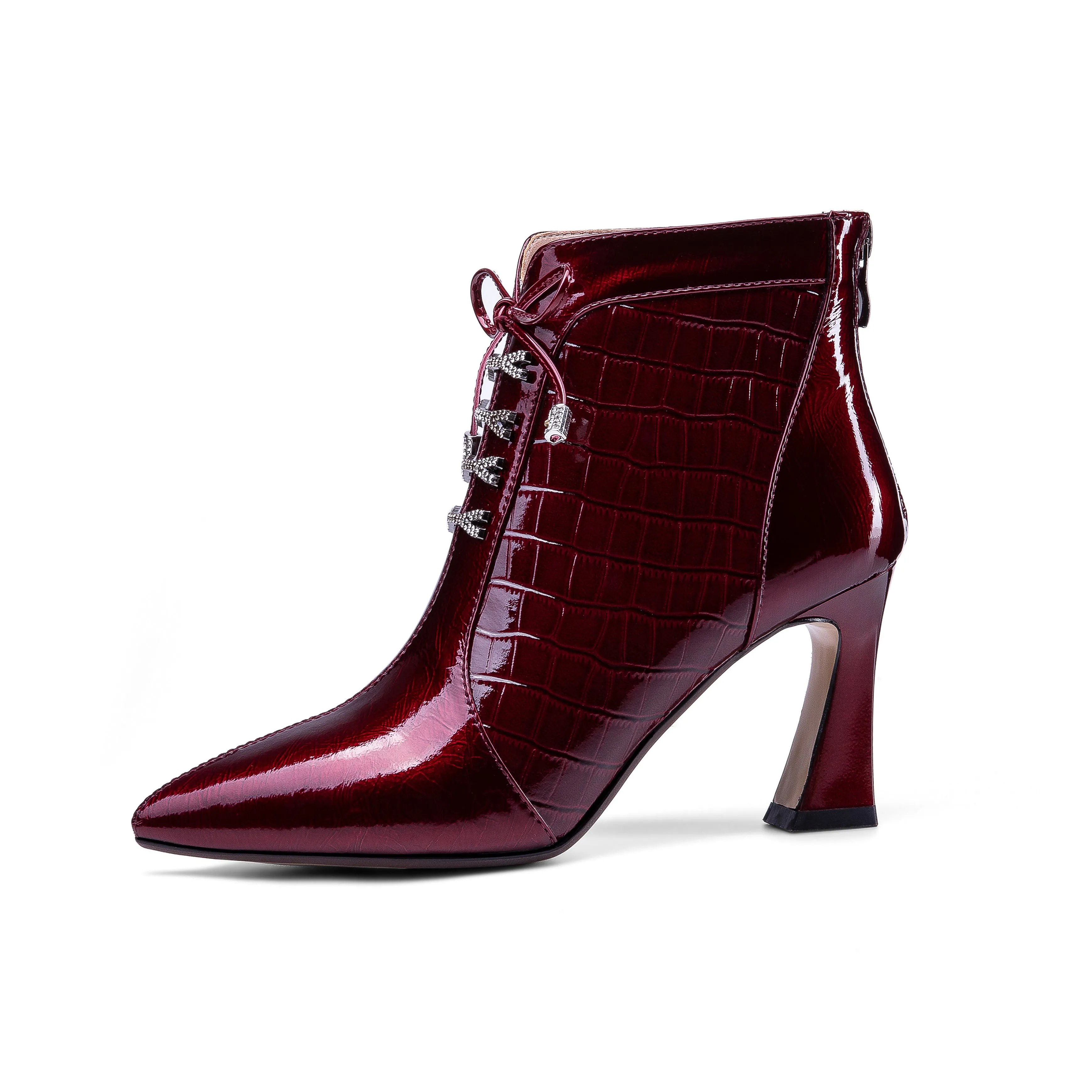TinaCus Women's Handmade Patent Leather Pointed Toe Sexy High Spool Heel Zip Up Plus-Size Ankle Booties with Bowtie