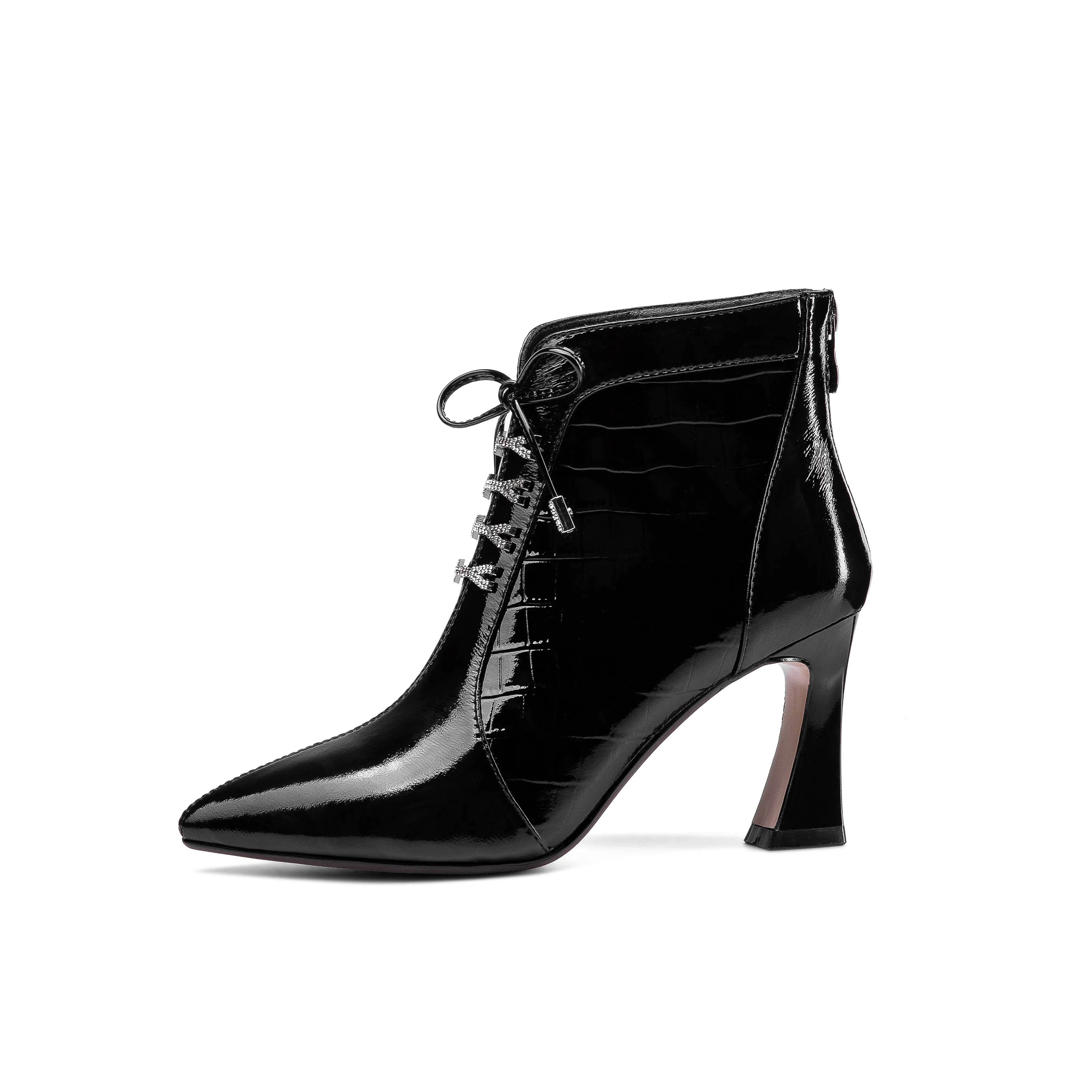 TinaCus Women's Handmade Patent Leather Pointed Toe Sexy High Spool Heel Zip Up Plus-Size Ankle Booties with Bowtie
