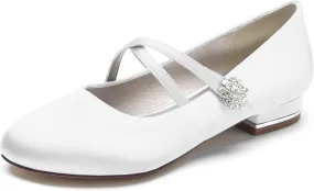 Women Satin Cross Ankle Strap Ballet Flat Closed Toe with Rhinestone Bridal Shoes Slip-On Low Heel Dress Shoes