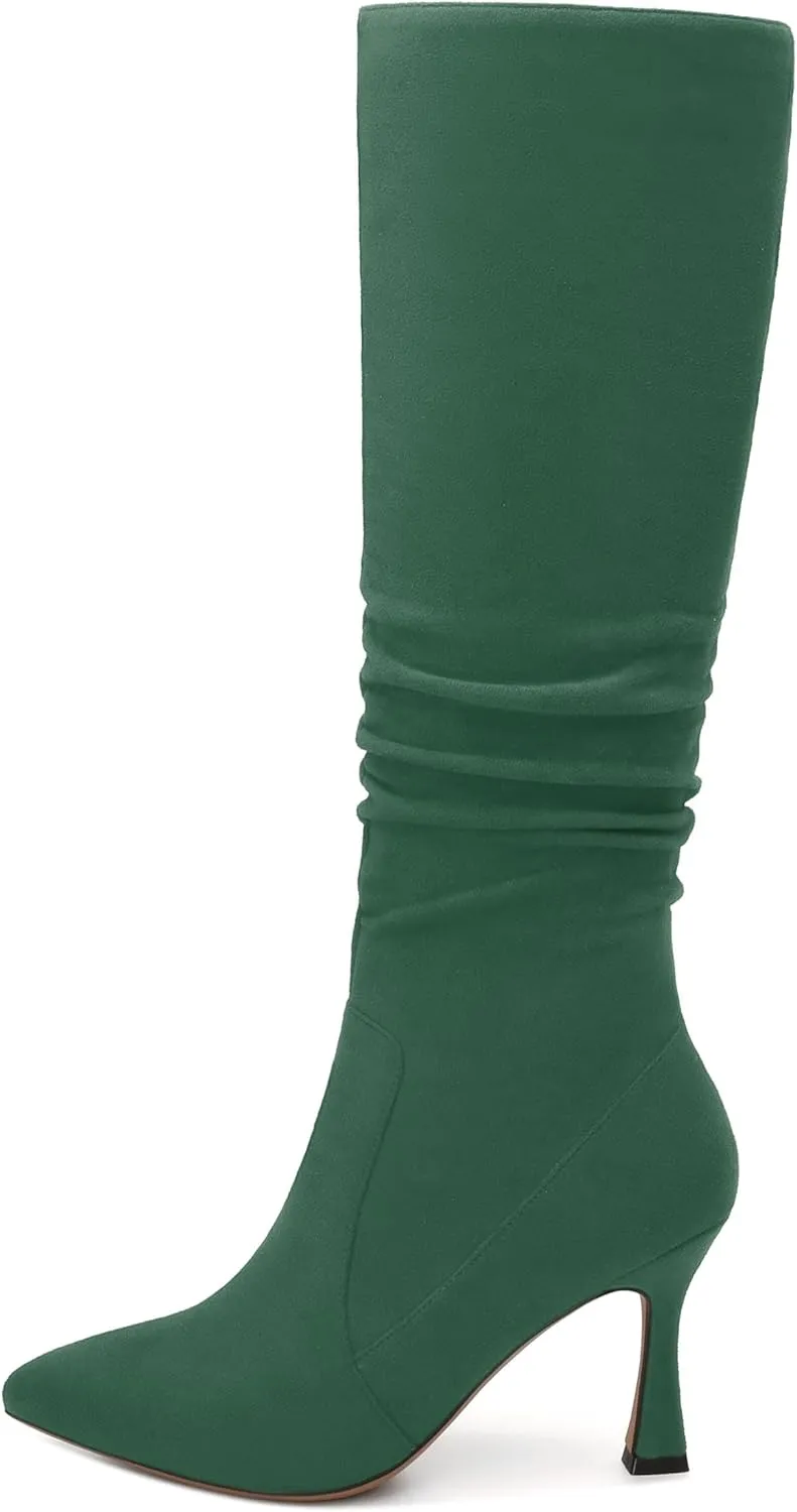 Women's Knee-High Boots, Pointed Toe Stiletto Heel Knee High Boots, Fashion Side Zipper Solid Suede Knee High Boot for Women