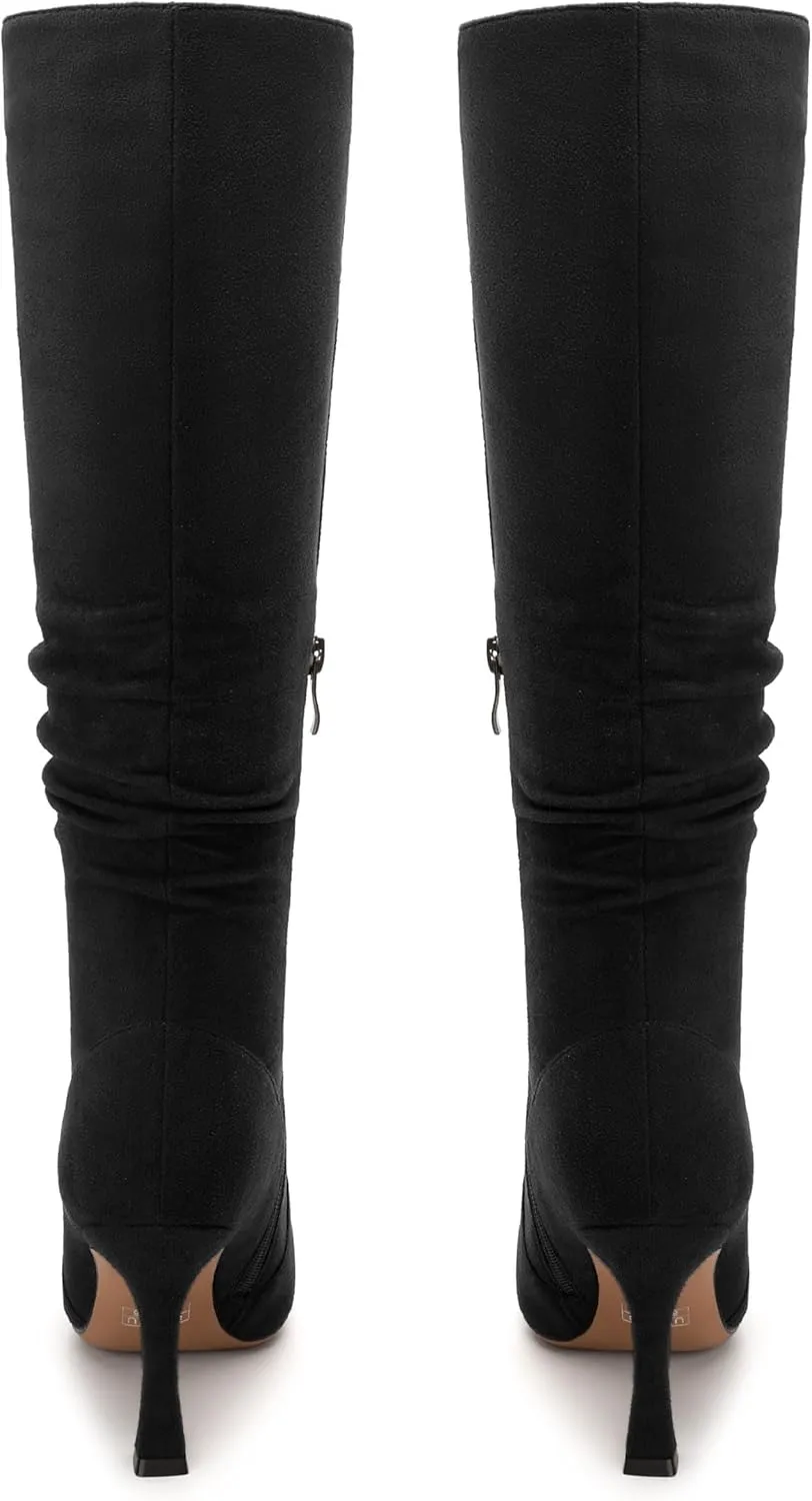 Women's Knee-High Boots, Pointed Toe Stiletto Heel Knee High Boots, Fashion Side Zipper Solid Suede Knee High Boot for Women