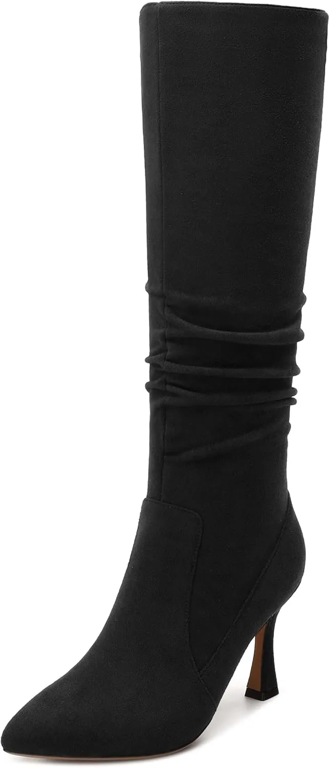 Women's Knee-High Boots, Pointed Toe Stiletto Heel Knee High Boots, Fashion Side Zipper Solid Suede Knee High Boot for Women