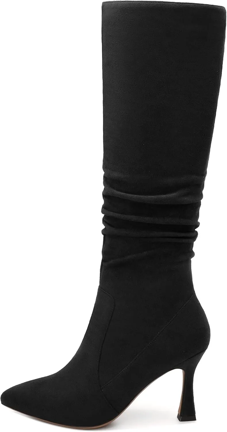 Women's Knee-High Boots, Pointed Toe Stiletto Heel Knee High Boots, Fashion Side Zipper Solid Suede Knee High Boot for Women