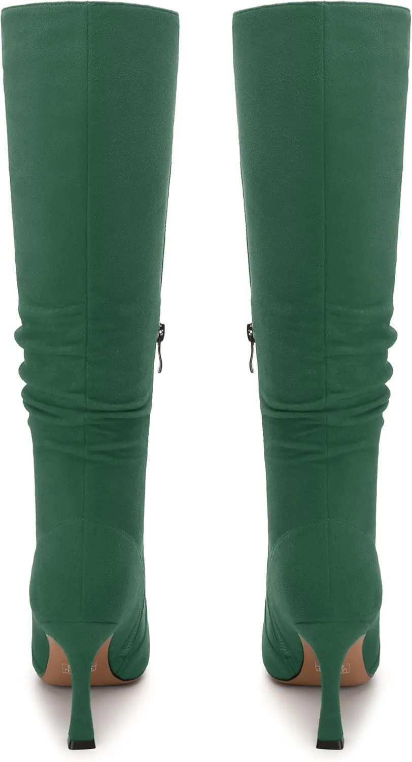 Women's Knee-High Boots, Pointed Toe Stiletto Heel Knee High Boots, Fashion Side Zipper Solid Suede Knee High Boot for Women