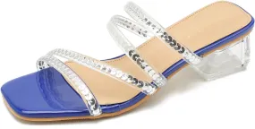 Women's Square Toe Heeled Sandals Strappy Heels Low Chunky Block Clear Heel Mules Slip on Wedding Bridal Party Dress Shoes